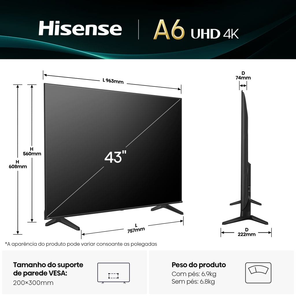 HISENSE LED 43" 4K UHD SMARTTV 3HDMI 2USB (E) 43A6Q