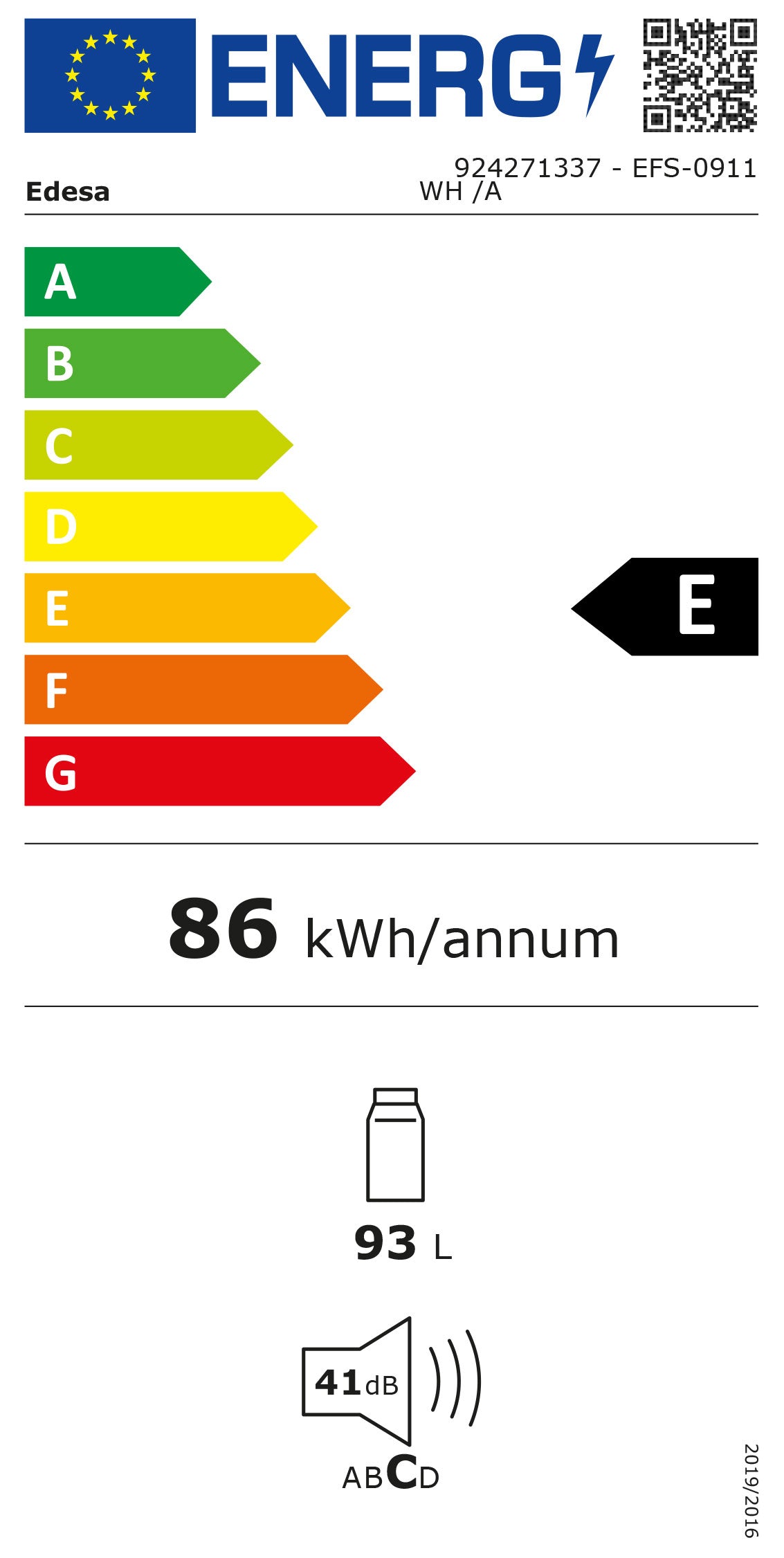 EDESA FRIGORIFICO 1PT 0.85X0.47X0,44 93LT BRANCO (E) EFS0911WHA