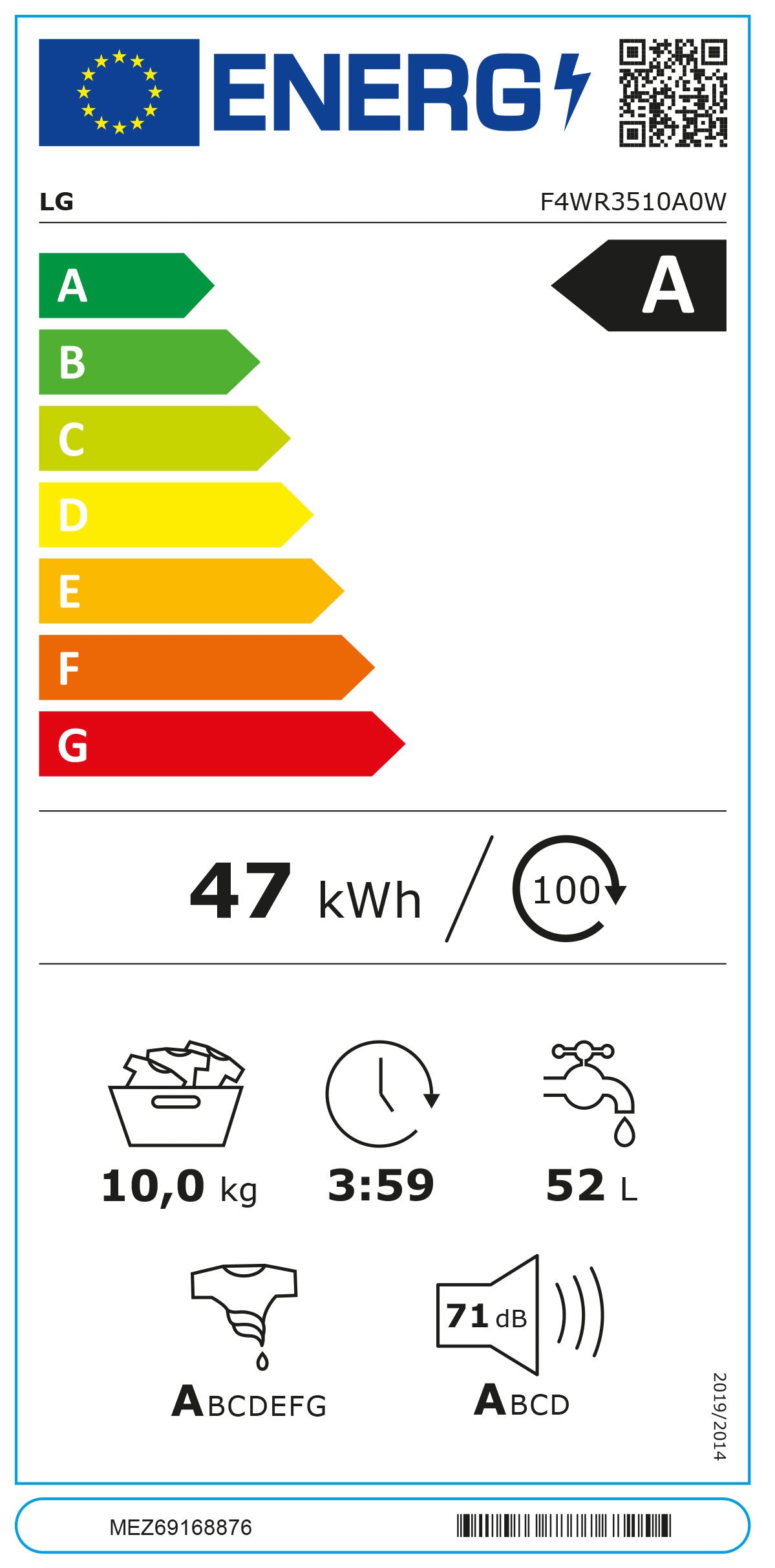 LG MAQUINA ROUPA 10KG 1400RT EZDISPENSE WIFI (A) F4WR3510A0W