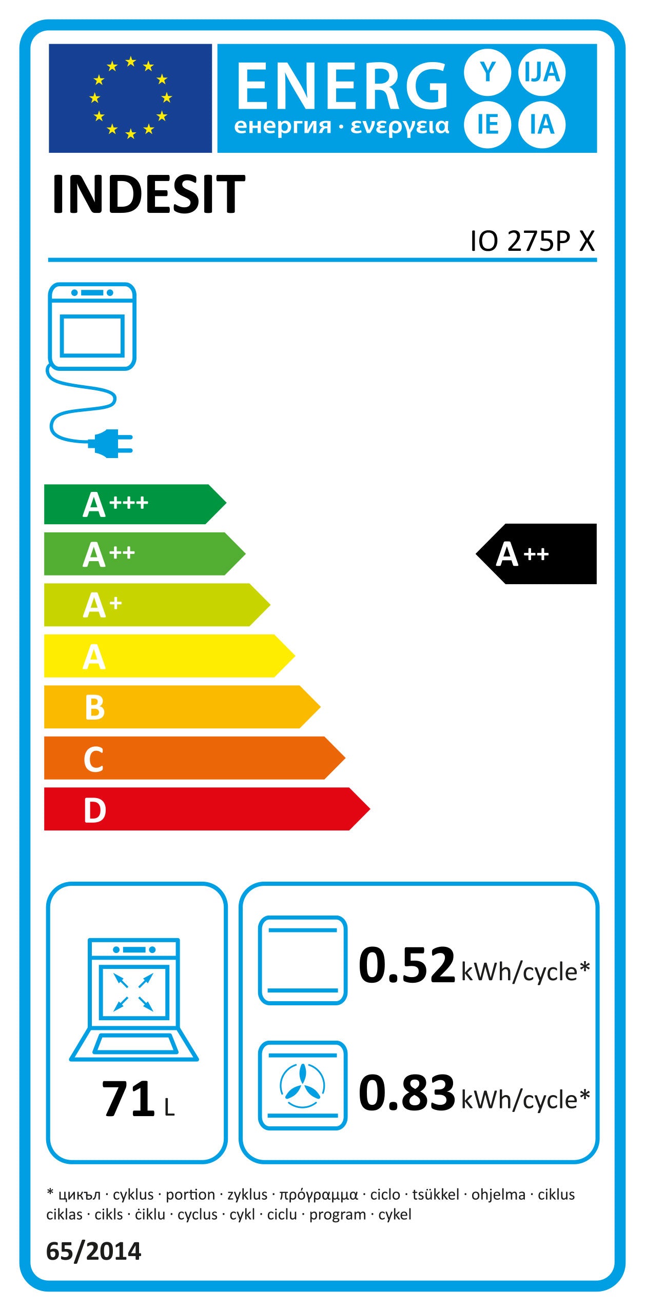 INDESIT FORNO MULTIF. PIROLITIDO HIDROLITICO 71LT INOX A++ IO275PX