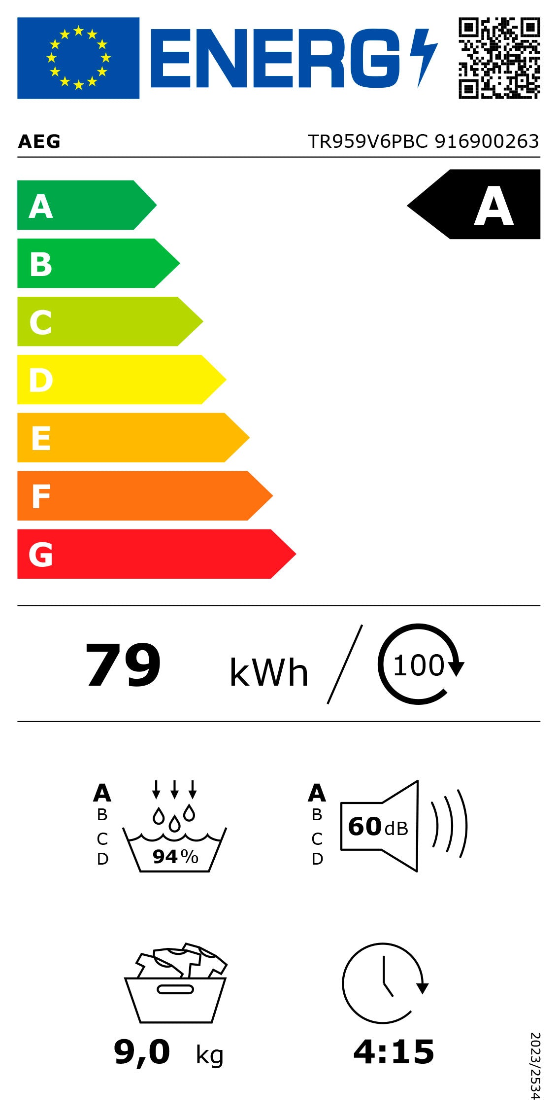 AEG SECADOR ROUPA 9KG BOMBA DE CALOR (A) TR959V6PBC