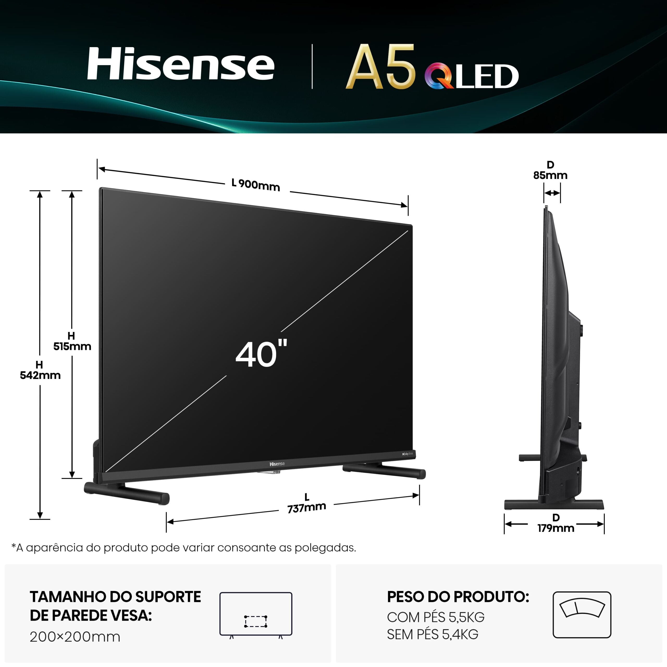 HISENSE QLED 40" FHD SMARTTV 2HDMI 1USB (F) 40A5Q