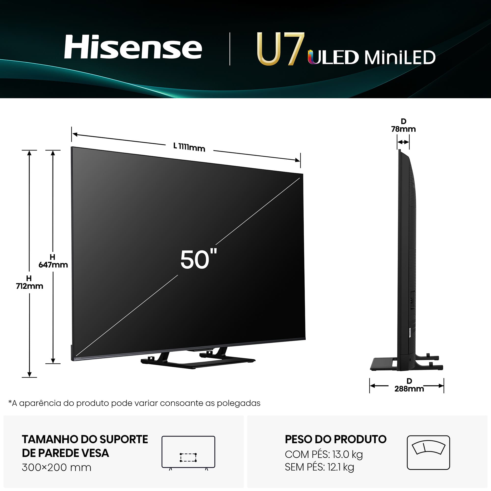 HISENSE ULED MINI LED 50" 4K UHD SMART TV 4HDMI 2USB (E) 50U7Q