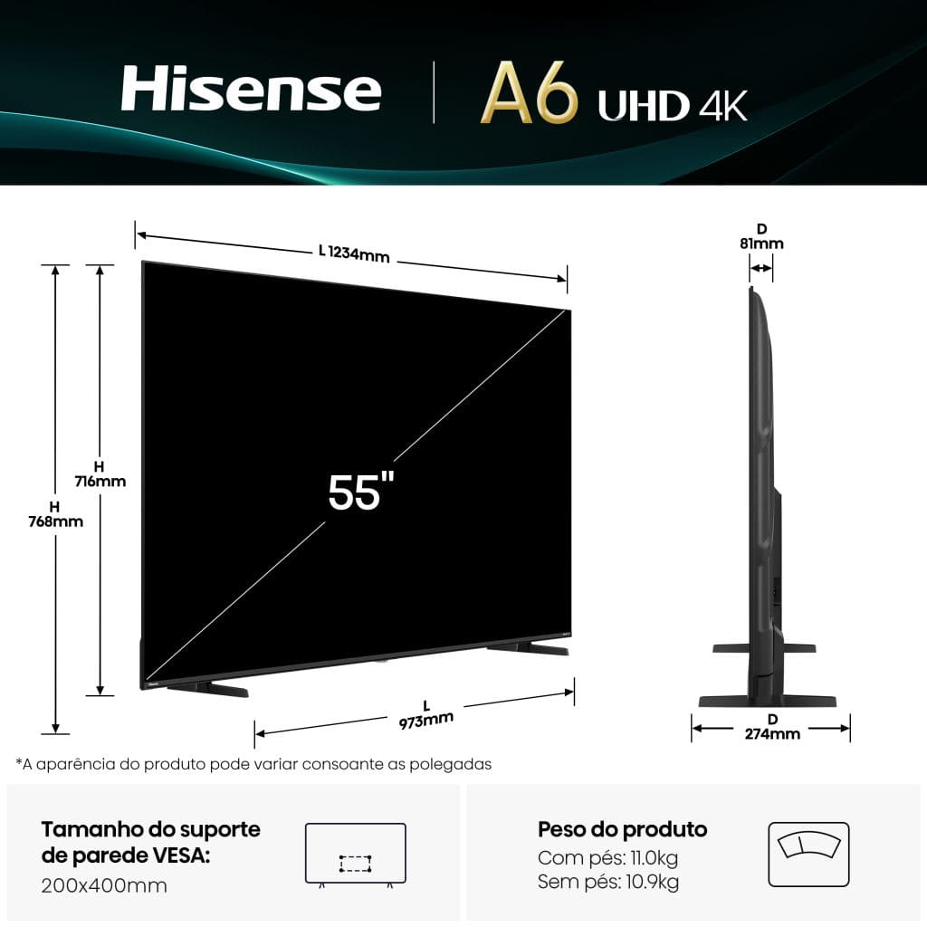 HISENSE LED 55" 4K UHD SMARTTV 3HDMI 2USB (E) 55A6Q