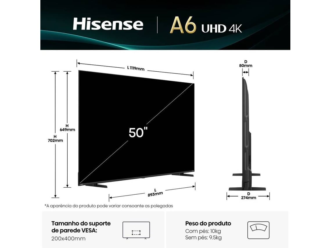 HISENSE LED 50" 4K UHD SMARTTV 3HDMI 2USB (E) 50A6Q