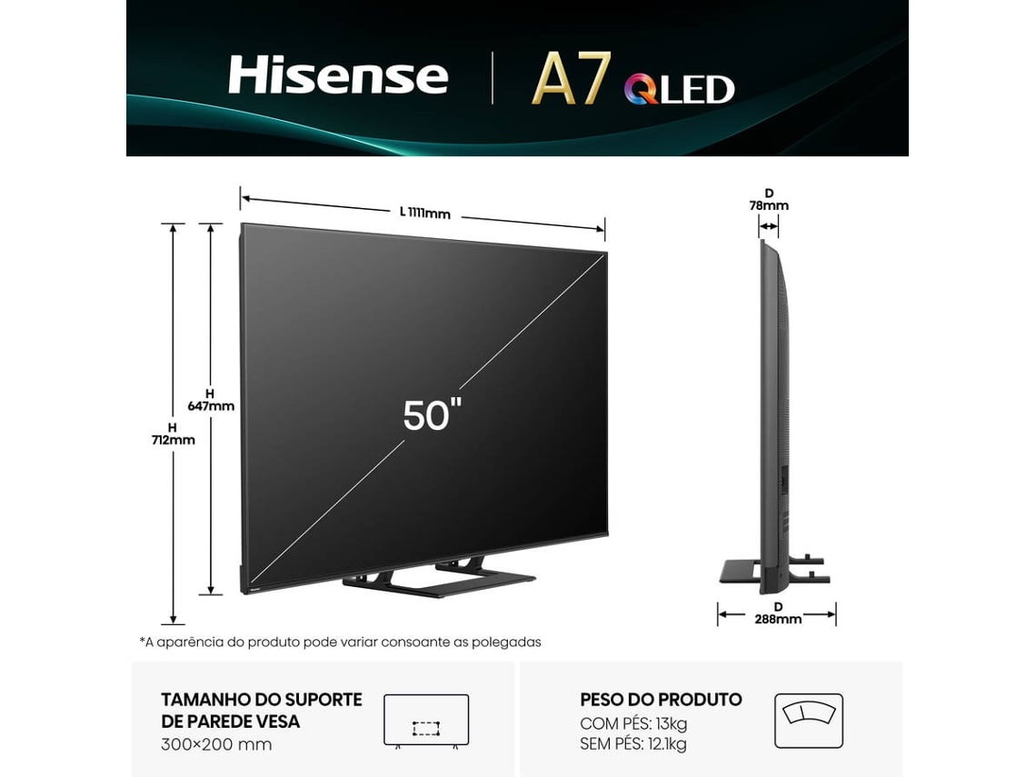 HISENSE QLED 50" 4K UHD SMARTTV 3HDMI 2USB (E) 50A7Q