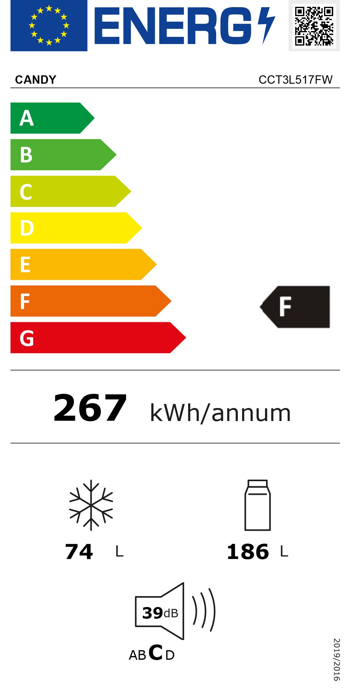 CANDY COMBINADO 1,76X0,545X0,55MT 260LT LOWFROST BRANCO (E) CCT3L517EW