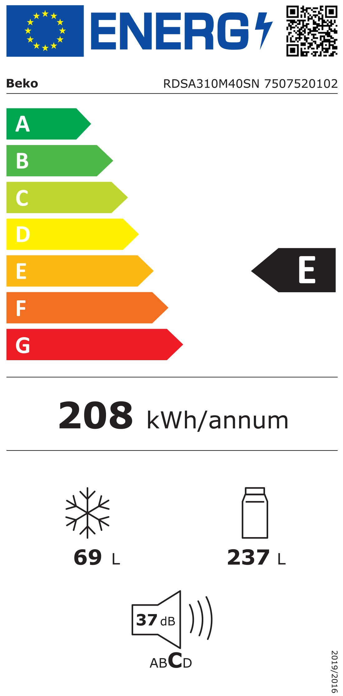 BEKO FRIGORIFICO 2PT 1750X595X592MT 306LT BRANCO (E) RDSA310M40SN
