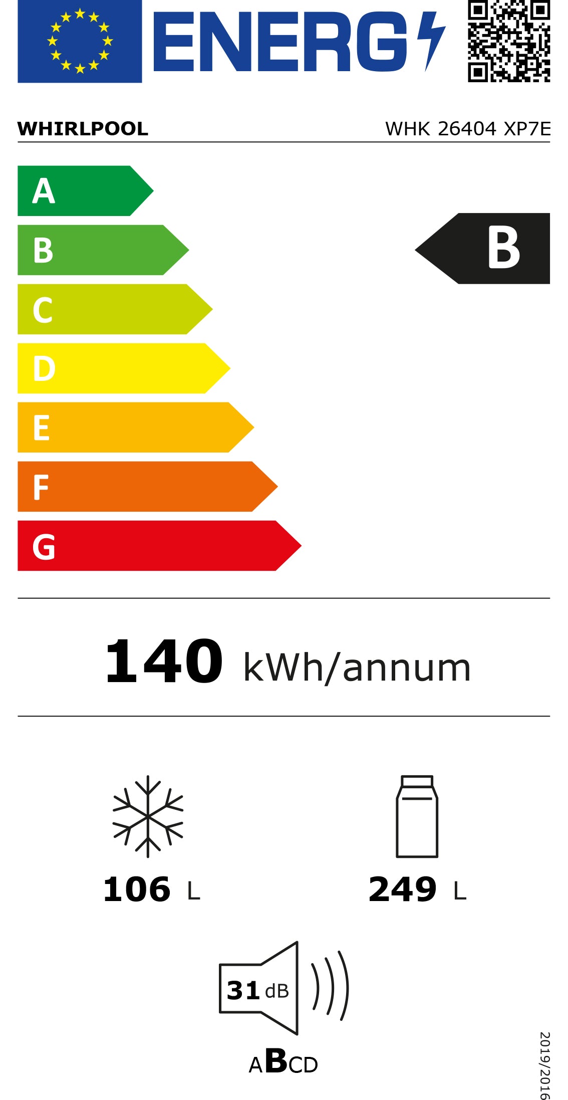 WHIRLPOOL COMBINADO 2035X597X707MT 355LT NF INOX (B) WHK26404XP7E